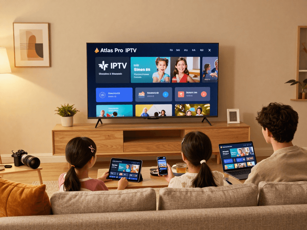 Expérience de divertissement avec atlas pro iptv en famille dans un salon moderne.