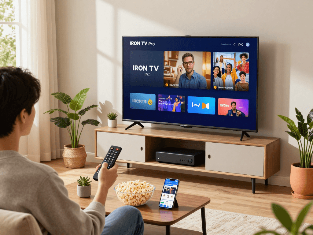 Regarder Iron tv confortablement depuis un salon moderne avec télévision intelligente