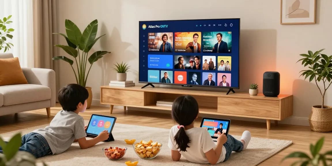 Famille utilisant l'application Atlas Pro ONTV pour regarder des chaînes et films en direct.