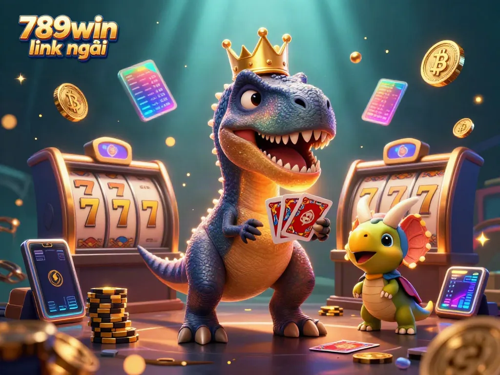 Experience 789win link mới with a T-Rex shuffling cards and a triceratops stacking chips in a vibrant casino scene.