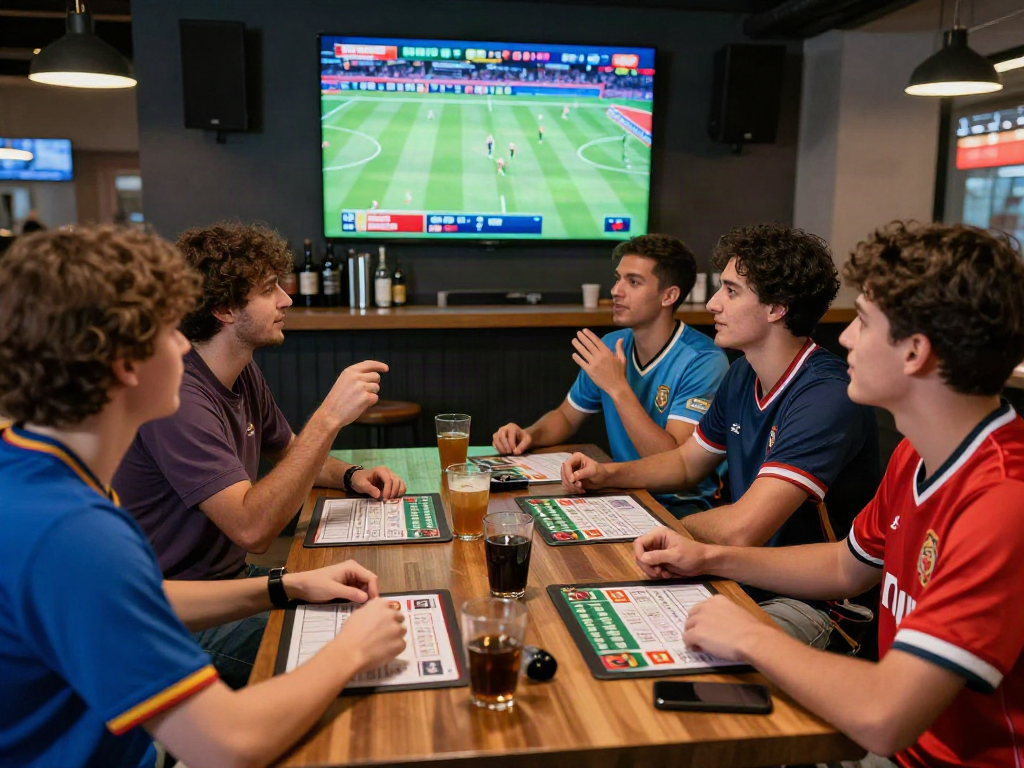 Meilleur site de pari en ligne avec groupe d'amis regardant un match dans un salon de paris sportif dynamique.