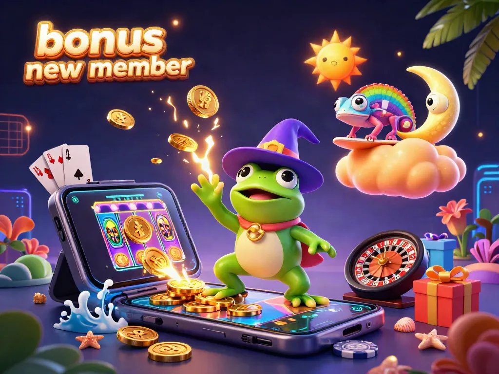 Engage with the exciting bonus new member offer showcasing colorful slot games with vibrant characters.