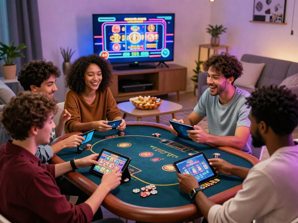 Groupe d'amis jouant ensemble sur un site casino en ligne, dans un salon convivial et animé.