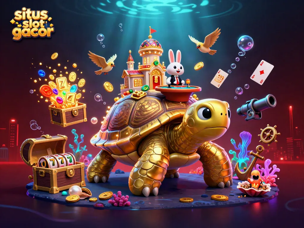 Engage in situs slot gacor adventures with a golden tortoise casino scene bursting with treasures.