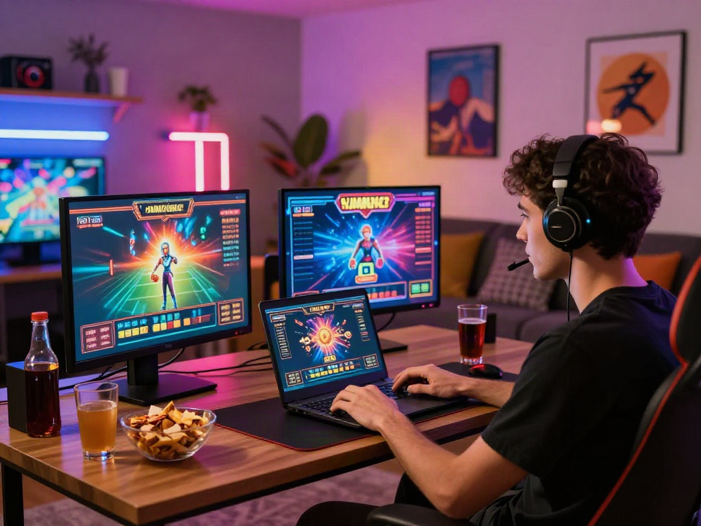 Joueur profitant d'un site casino en ligne avec des lumières vives et une ambiance de jeu dynamique.
