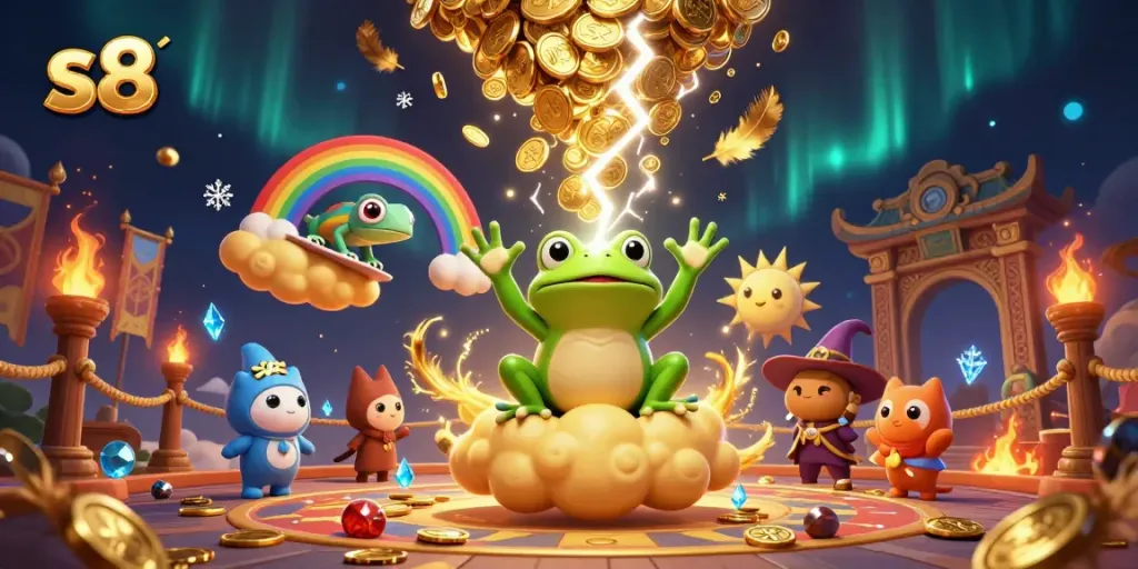 Enjoy thrilling s8 gaming action with a whimsical 3D scene of fantasy characters and casino elements