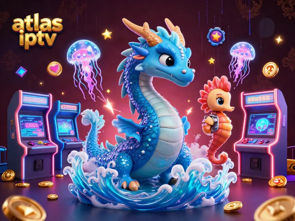 Gagnez avec atlas iptv en regardant des vidéos avec des effets néon de jeux d'arcade.
