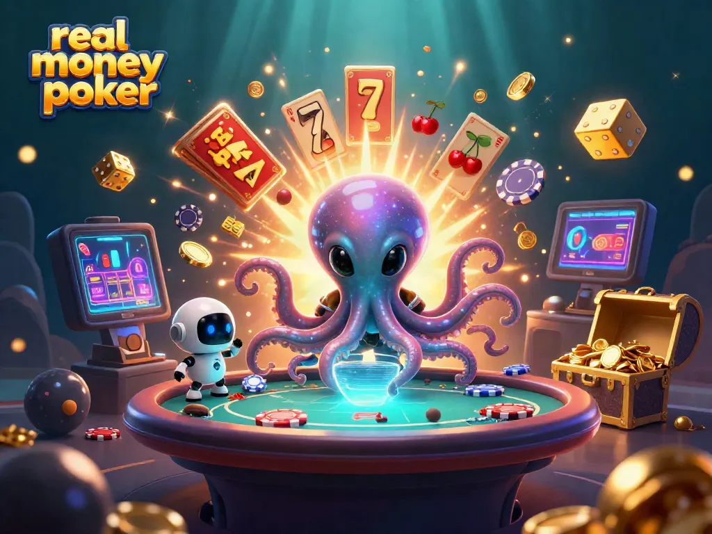 Play real money poker with an alien octopus and robot companion in a vibrant galaxy.