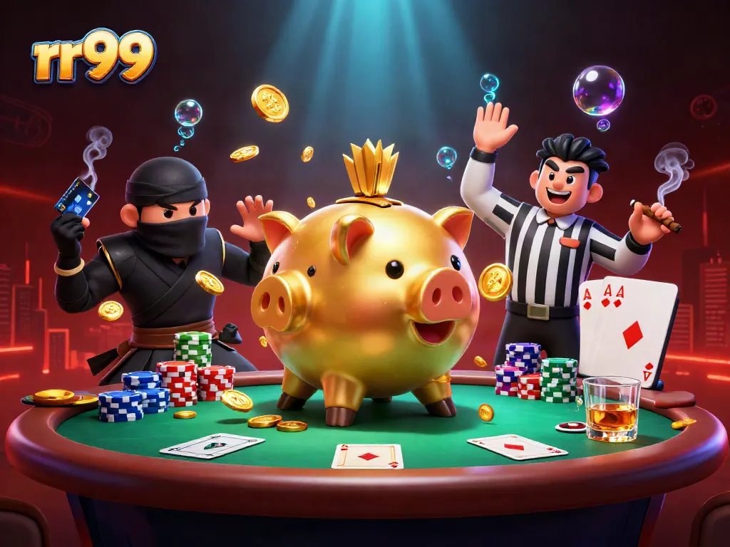 Experience thrilling gameplay at rr99 with a dynamic scene showcasing a cartoon sumo wrestler and ninja in a casino setting.