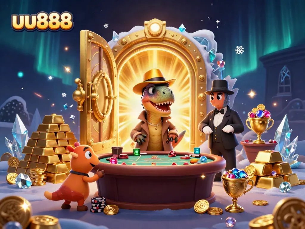 Experience the spectacle of blackjack with uu888 in a crowded casino scene full of animated characters.