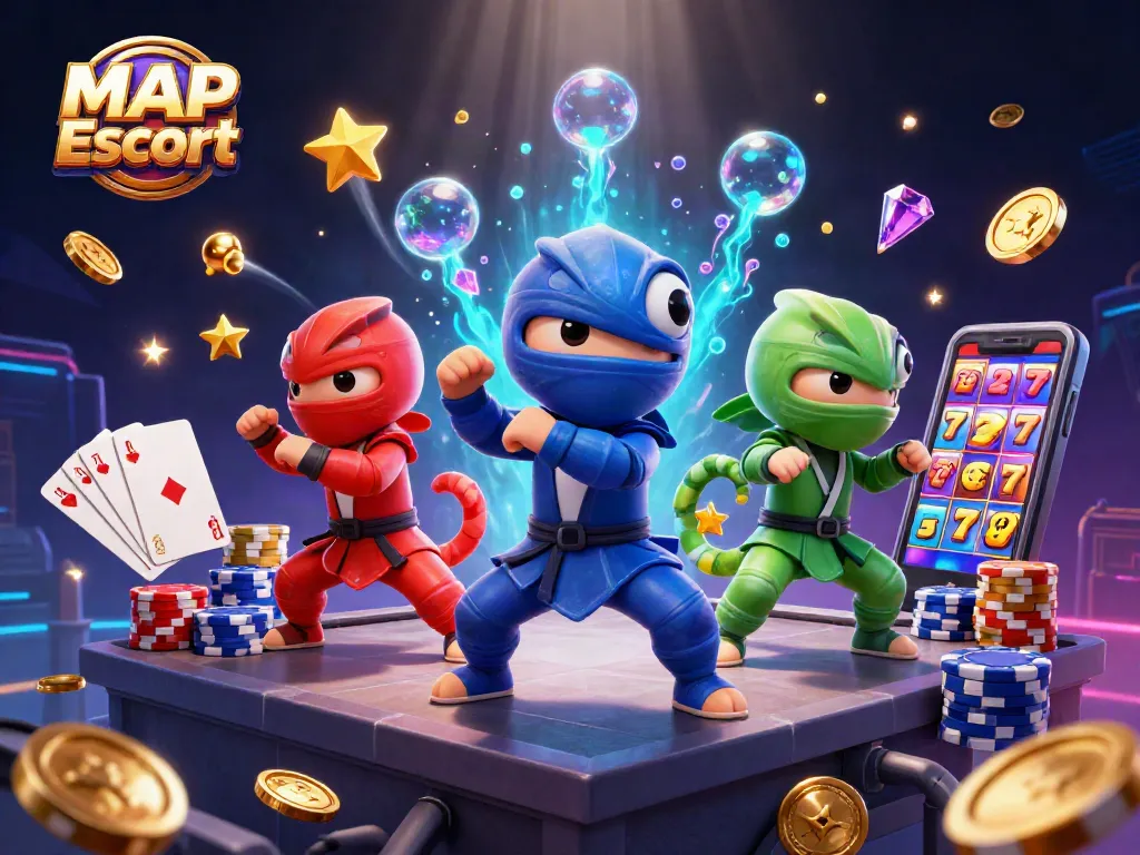 Engage with MAP Escort in this vibrant casino scene featuring dynamic champions, golden coins, and rich gaming elements.