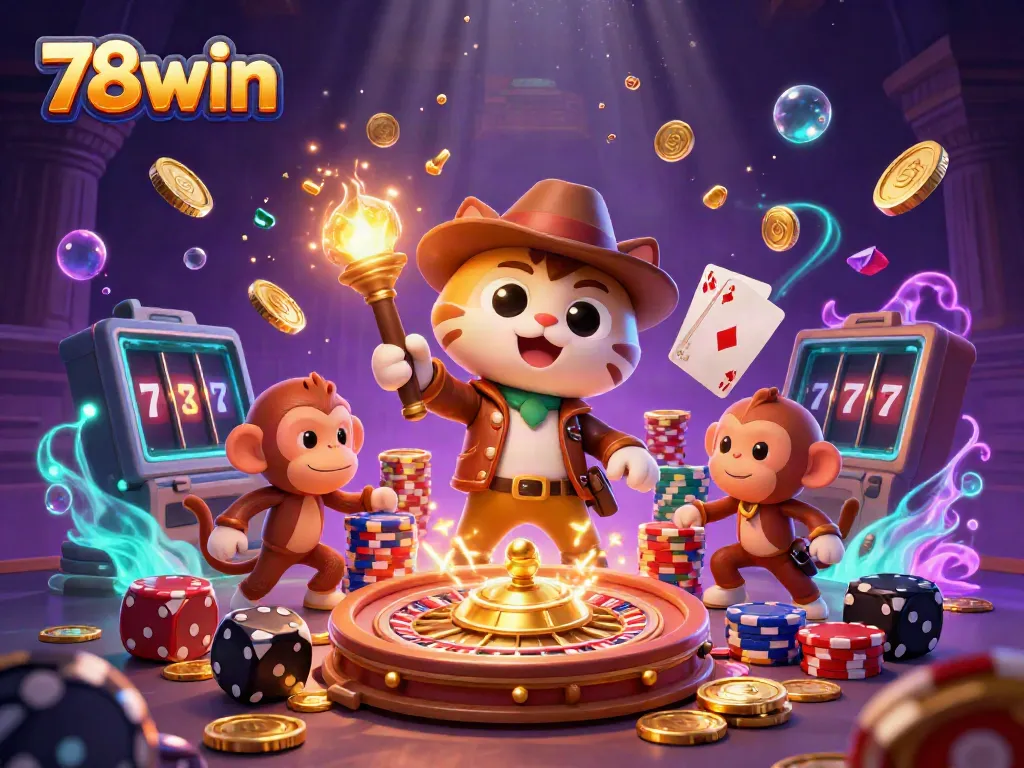 Experience the excitement of 78win as the cartoon explorer and monkey unveil casino treasures with vibrant gold coins!