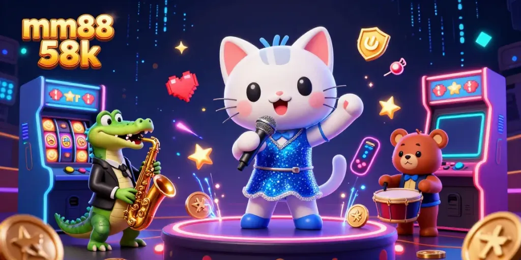 Experience the vibrant atmosphere of online gaming with mm88 58k, featuring lively characters and engaging casino elements.