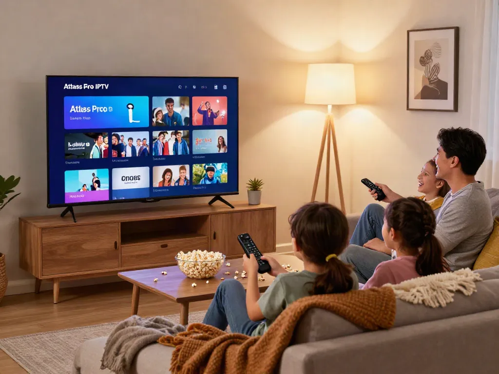 Regardez des chaînes avec l'Atlas Pro IPTV lors d'une soirée cinéma en famille.