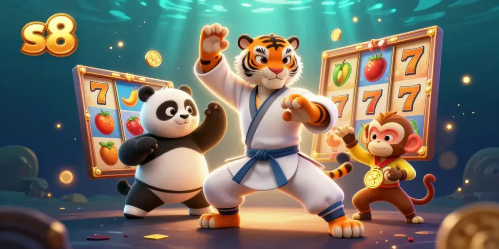 Engage with the thrilling s8 casino scene featuring energetic characters and vibrant slot reels.
