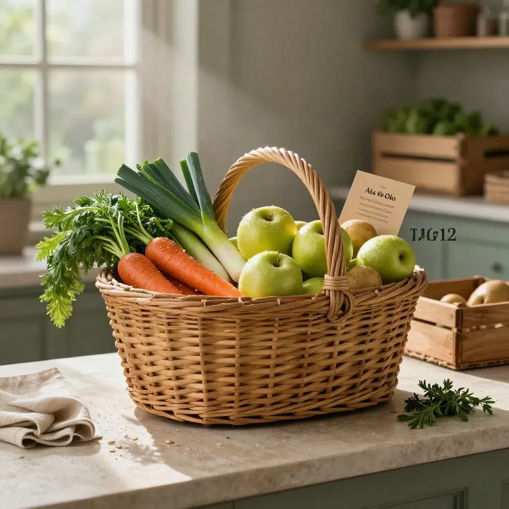 Panier bio familial débordant de pommes et légumes, posé dans une brume douce du matin.