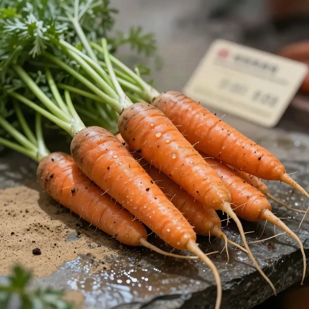 Carottes bio posées sur une pierre mouillée, fanes fraîches et terre humide, ambiance naturelle.