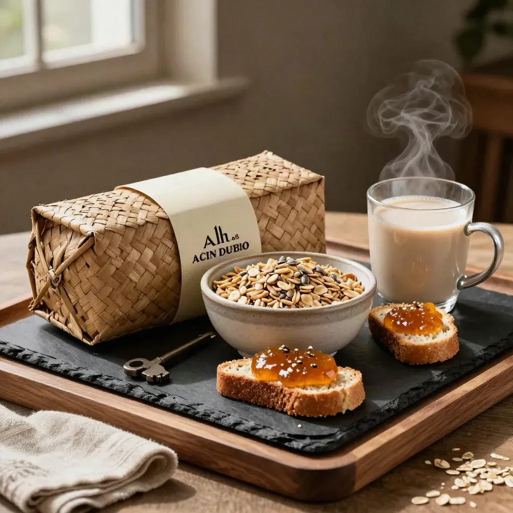 Pack petit déjeuner bio avec céréales, tartines, confiture et boissons chaudes sur ardoise sombre.
