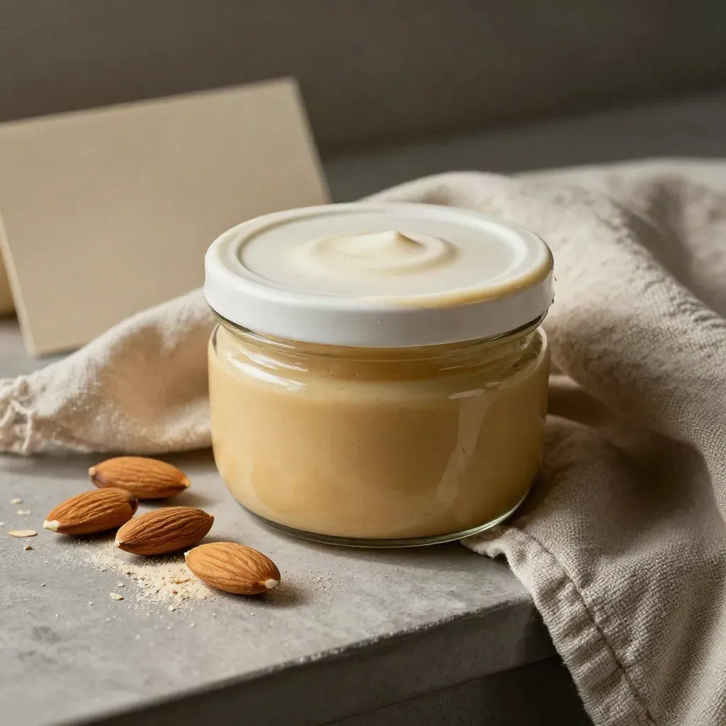 Pot de purée d’amandes bio enveloppé dans un lin froissé, avec amandes entières.