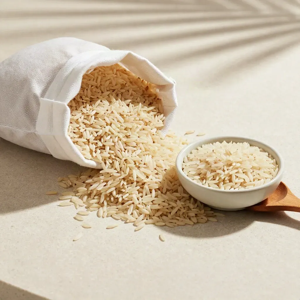 Sac de riz basmati bio ouvert avec bol crème et cuillère en bois, vue du dessus.