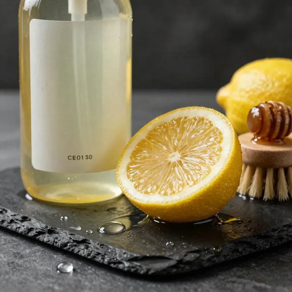 Bouteille de liquide vaisselle au citron, demi-citron, brosse bois et éclaboussures sur ardoise.