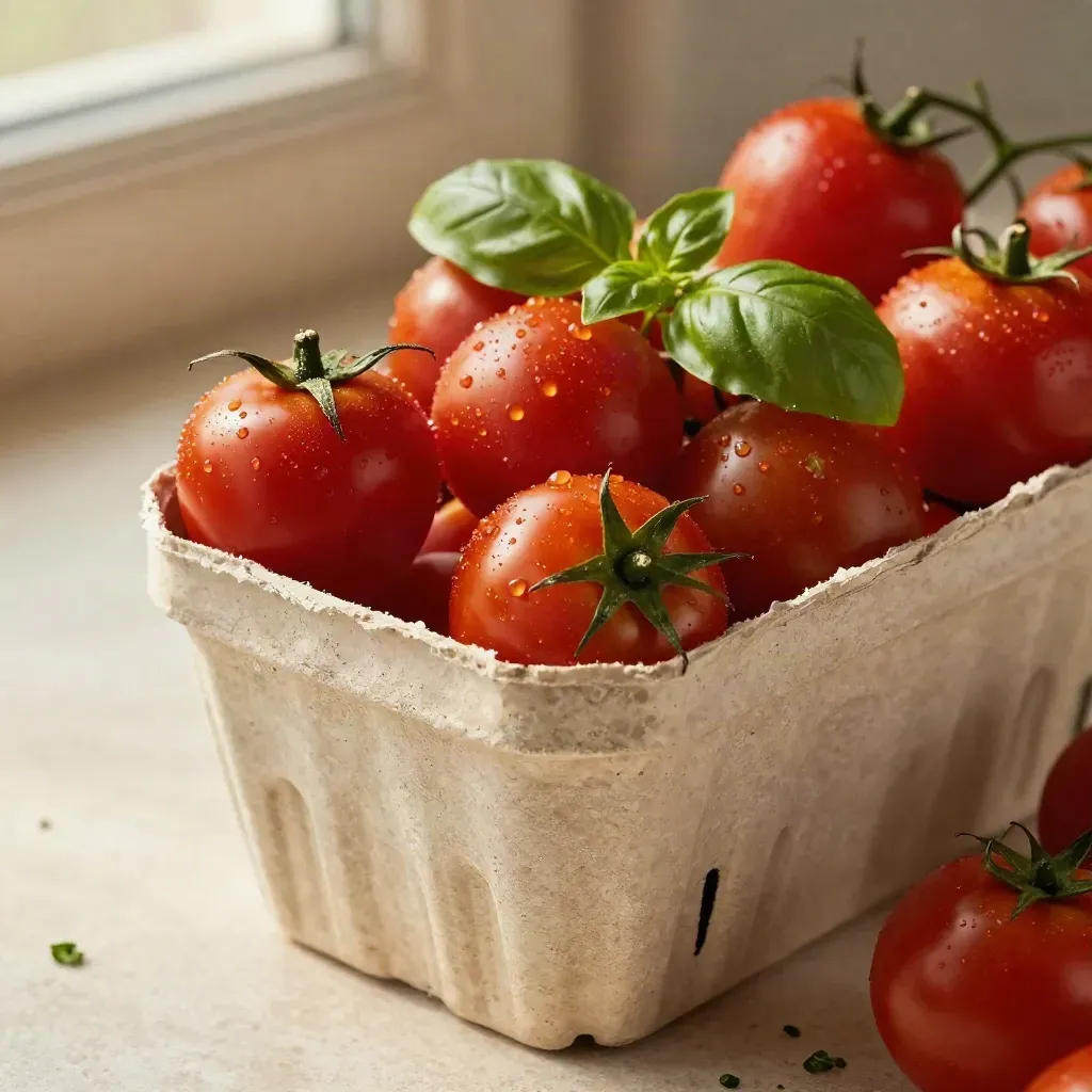 Gros plan de tomates cerises bio brillantes en barquette, basilic et gouttes de condensation.