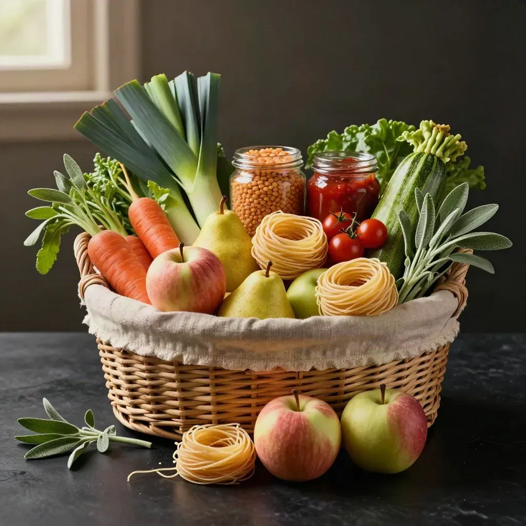 Grand panier bio débordant de fruits, légumes, pâtes et bocaux sur fond noir dramatique