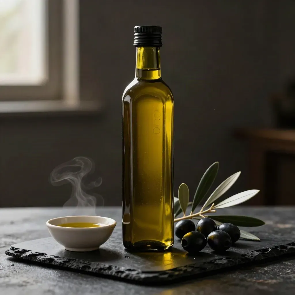 Bouteille d’huile d’olive bio en verre ambré avec olives et rameau sur fond sombre.