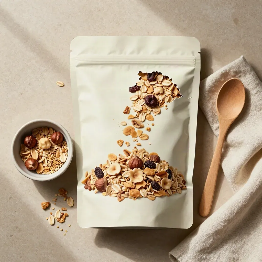 Flatlay de muesli bio avec sachet ouvert, bol céramique, cuillère en bois et flocons figés