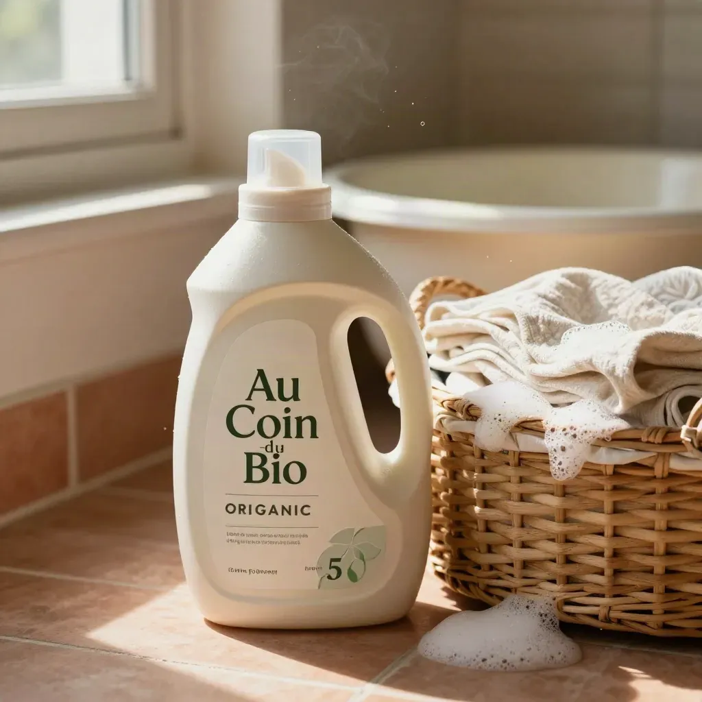 Bidon de lessive bio au bord d’un panier tressé, linge plié et mousse légère, ambiance douce