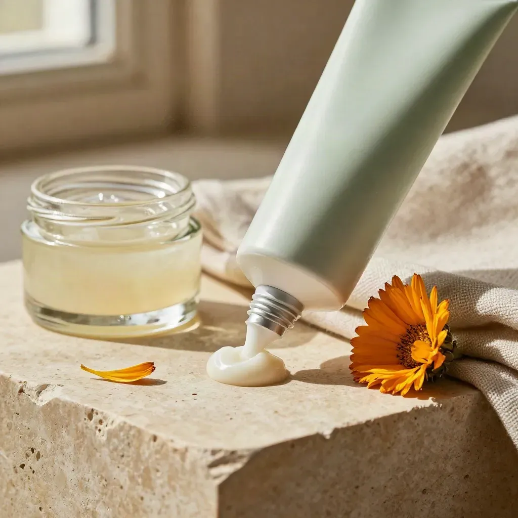 Tube de crème mains calendula dans du lin, pétales séchés et petit pot en verre.