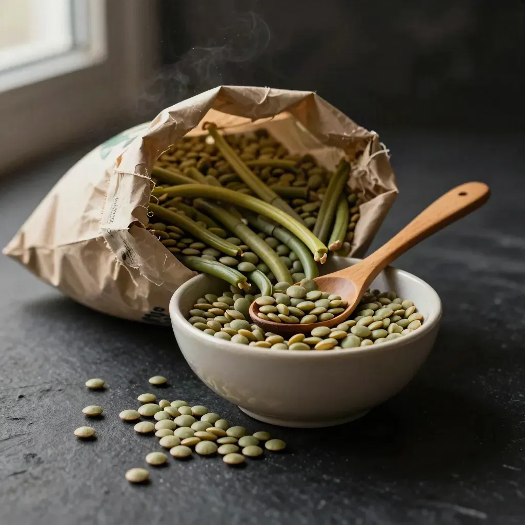 Sac de lentilles vertes bio, bol crème, cuillère en bois et grains sur fond noir.