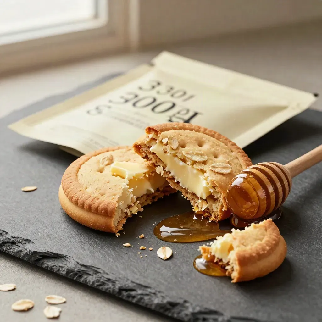 Paquet de biscuits avoine miel ouvert, miettes et cuillère de miel sur pierre mate.