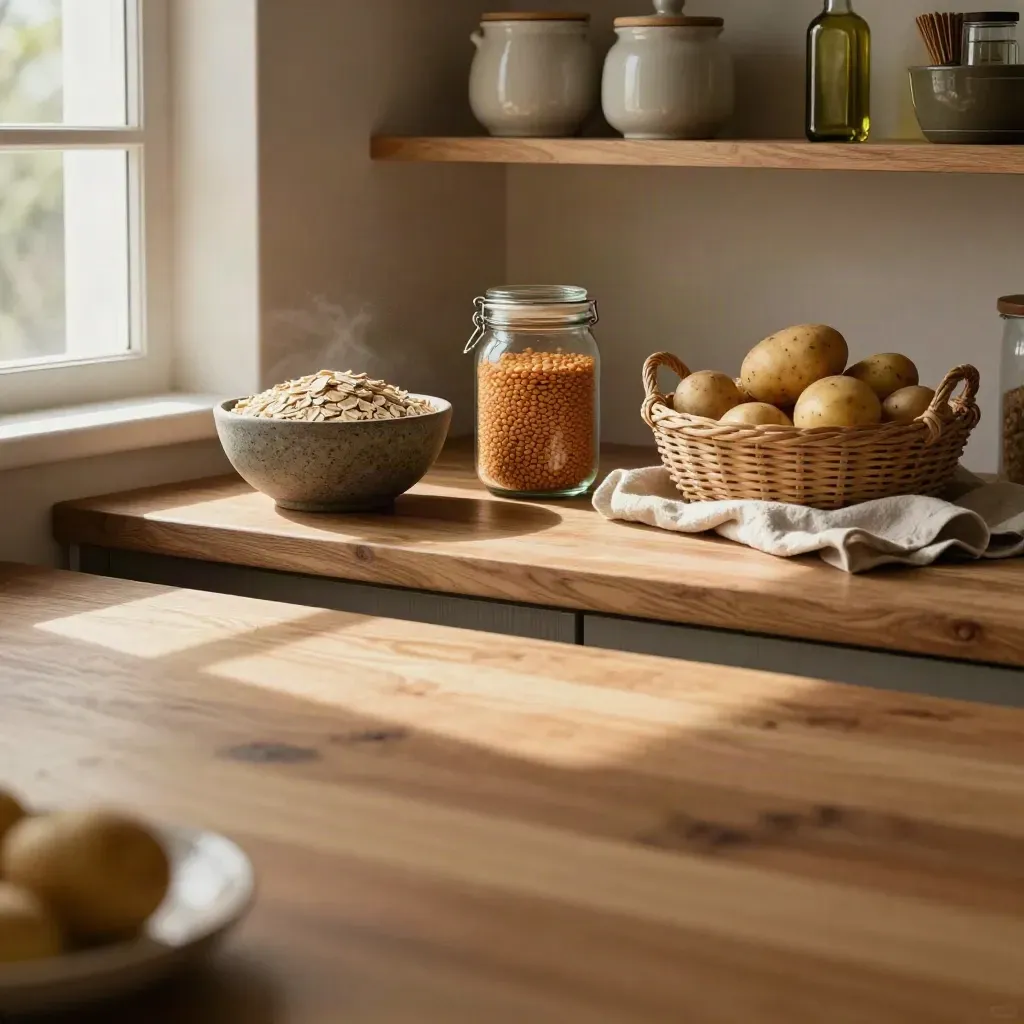 Coin d’épicerie maison en bois miel, bols flous et étagère discrète, lumière douce du matin.