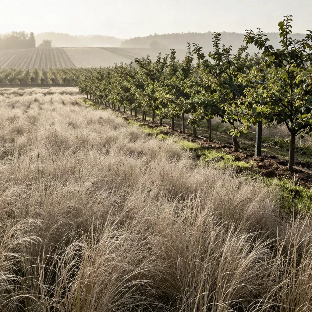 Verger après la pluie, herbes hautes et brume douce sous un horizon très haut.
