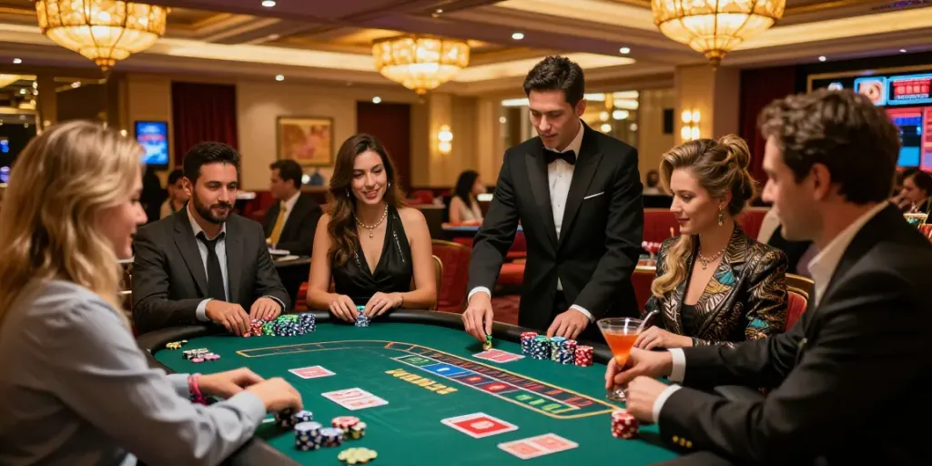 Casino sans Dépôt : ambiance animée et élégante d'un casino avec des joueurs autour des tables.