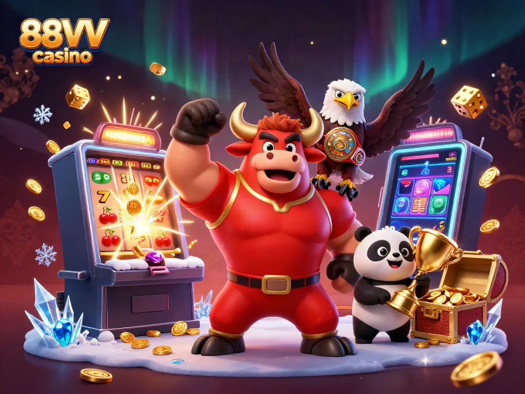 Experience the excitement of 88VV casino with characters celebrating a big jackpot amidst vibrant game elements.