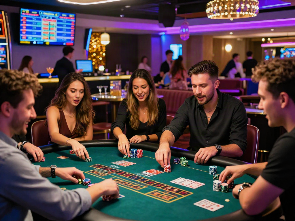 Amis jouant autour d'une table de jeu dans un site casino en ligne, ambiance lumineuse et excitante.