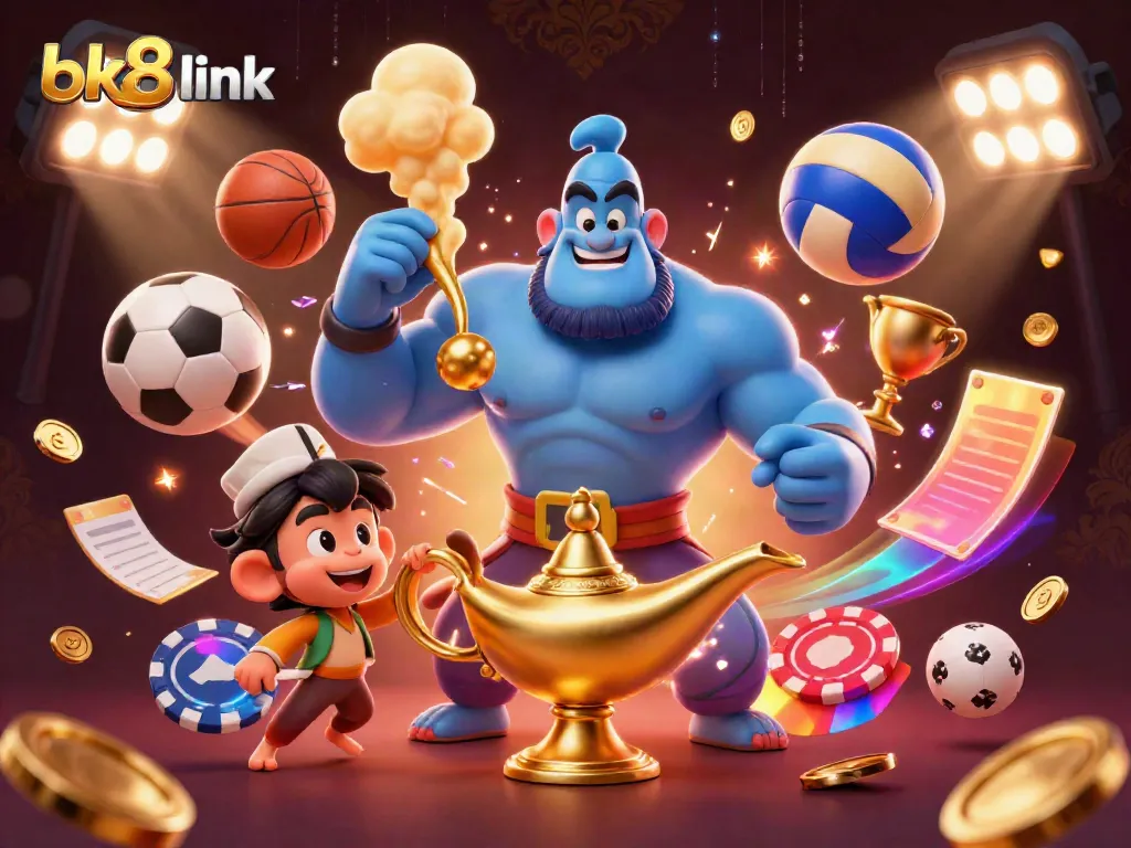 Experience the excitement of bk8 link with a vibrant 3D scene featuring animated casino elements.