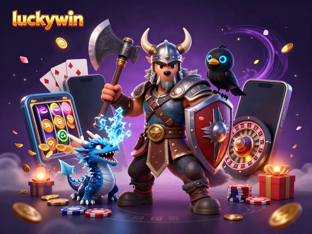 Experience thrilling gaming at luckywin with a Viking warrior, dragon, and slot elements.