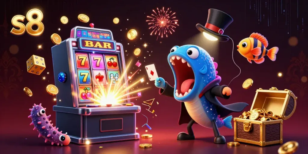 Experience exciting casino action with s8 – a vibrant scene featuring magical sea creatures performing card tricks.
