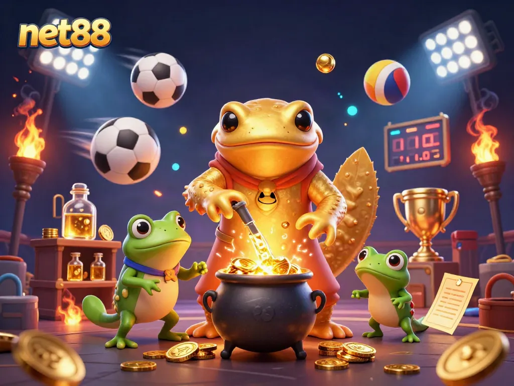 Experience the thrill of net88 with a vibrant 3D scene showcasing sports and casino elements.