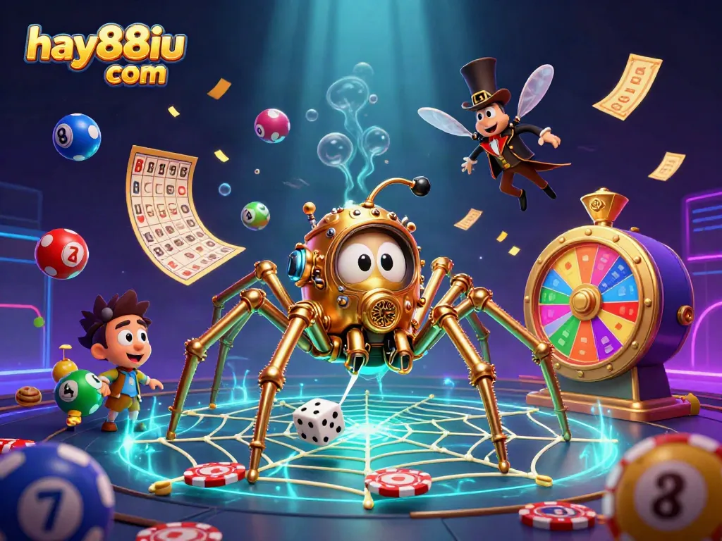 Spin your luck with hay88iu com, featuring a steampunk-themed spider and dynamic lottery elements.