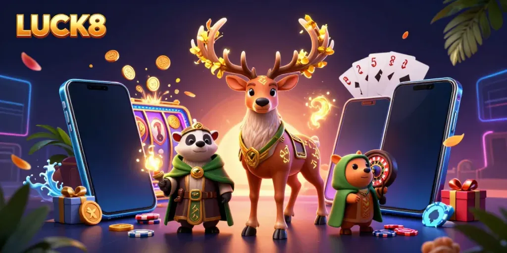 Experience the thrill of LUCK8 with vibrant casino elements and enchanted characters.