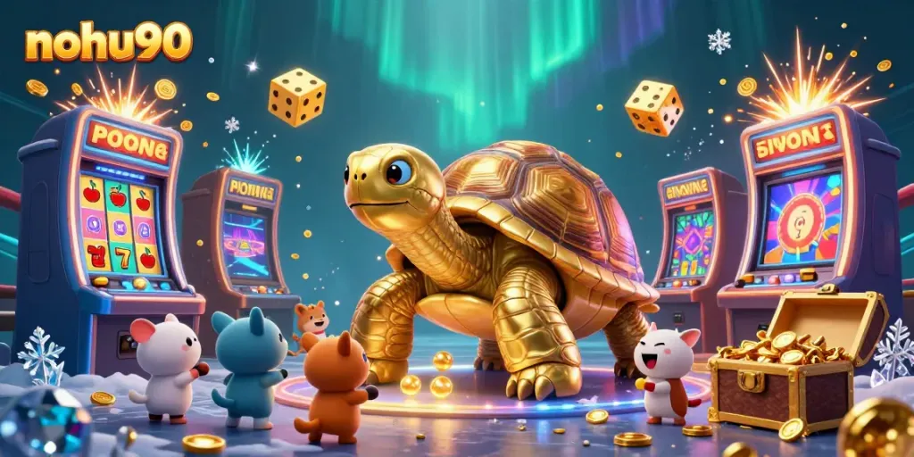 Experience the excitement of nohu90 with vibrant slot machines and playful characters in a lively casino scene.