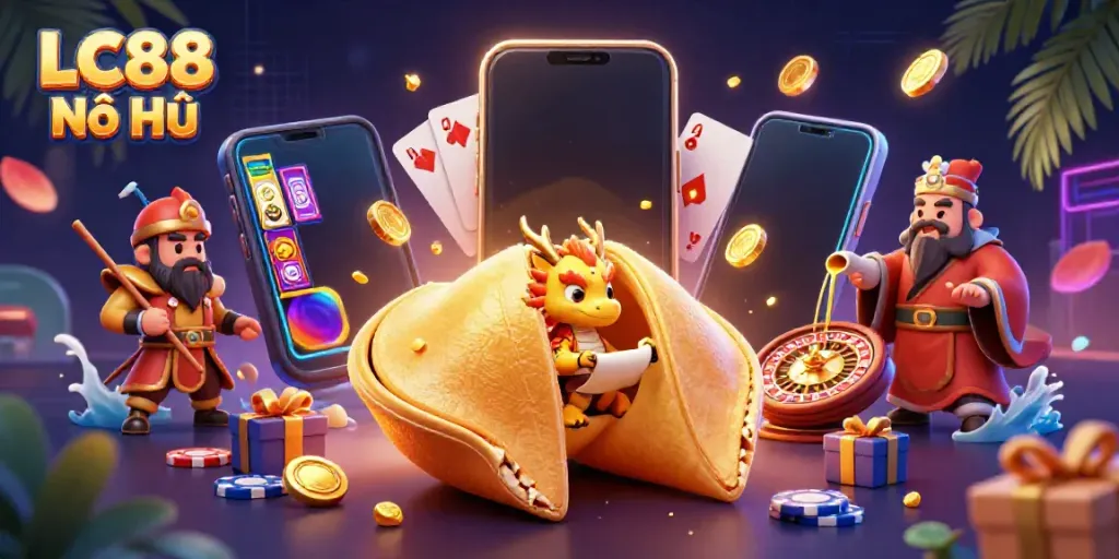 Experience the excitement of LC88 Nổ Hũ with a vibrant, dynamic 3D illustration featuring golden games, treasures, and engaging characters.