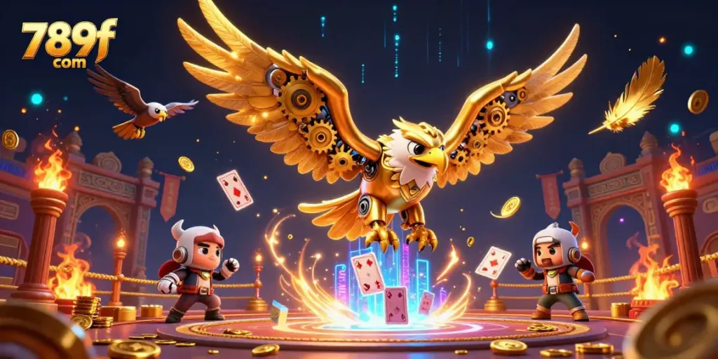 Experience thrilling adventures with 789f com in this 3D illustration of an eagle soaring through a casino world.