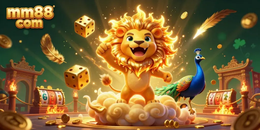 Experience thrilling gameplay at mm88 com with a vibrant 3D casino illustration featuring a roaring lion and golden dice.