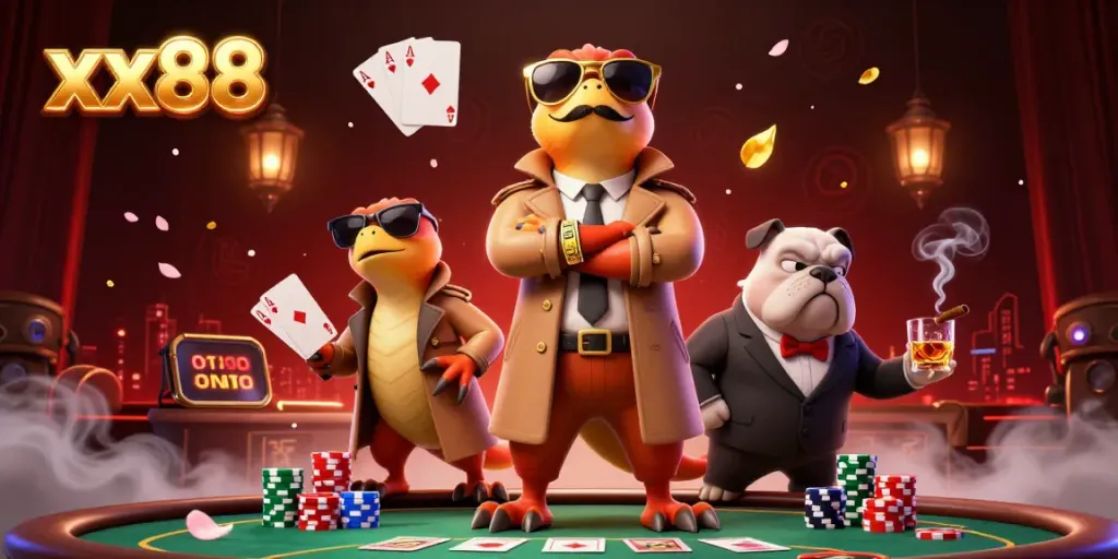 Experience exciting gameplay at xx88 with raptors in casino setting, poker elements, and rich visuals.