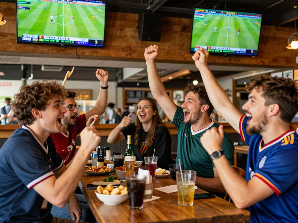 Ambiance d'un bar de sport avec amis pariant sur le meilleur site de pari en ligne.